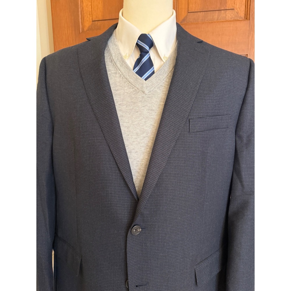 Chaps Houndstooth Sport Coat Mens 46L Blue Two-Button Blazer‎ Jacket Preppy